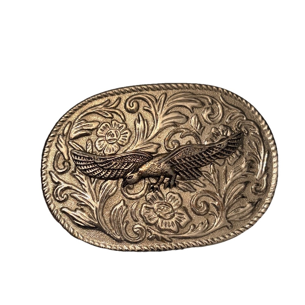 Vintage 2-Tone Western Belt Buckle Flying Eagle Scroll Design